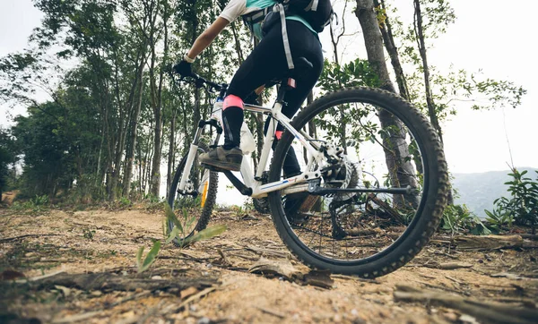 stock image Woman cycling on mountain top forest trail