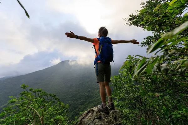 Animando Una Joven Excursionista Abrir Los Brazos Pico Montaña — Foto de Stock