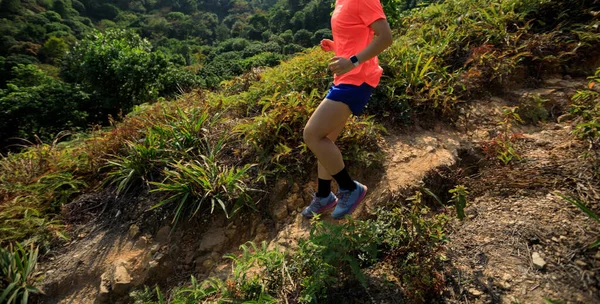 Woman Ultramarathon Runner Running Downhill Mountain Slope Tropical Forest — Stock Photo, Image