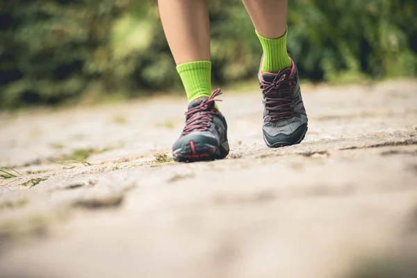 Young Fitness Woman Hiker Legs Walking Forest Trail — Stock Photo, Image