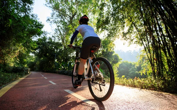 日の出公園の自転車道をサイクリングする女性 — ストック写真