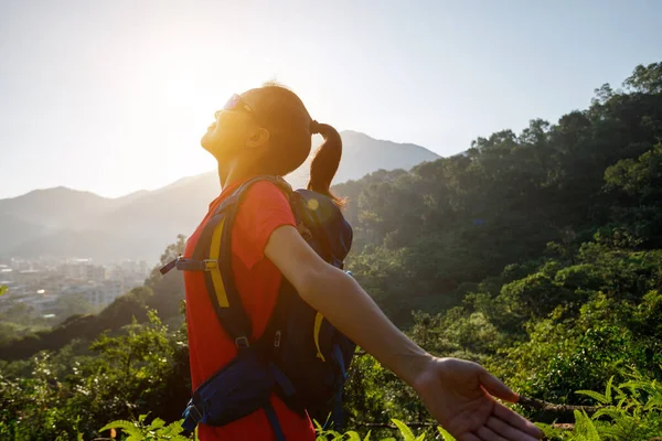 Cheering Giovane Donna Escursionista Braccia Aperte Sulla Vetta Della Montagna — Foto Stock