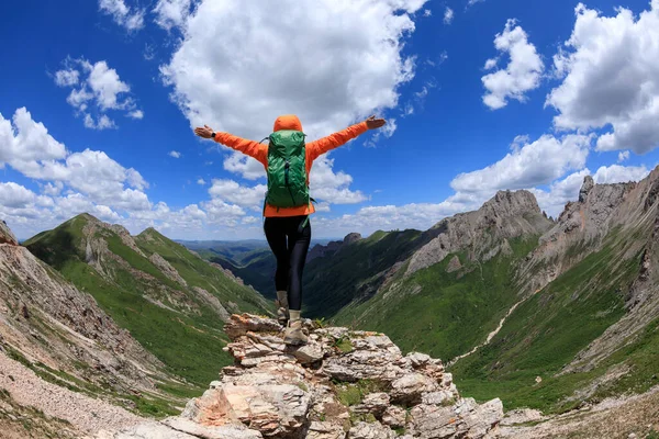 Úspěšná Žena Batohem Turistika Vrcholu Alpské Hory — Stock fotografie