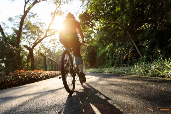 Woman Cycling Bike Path Park Sunny Day — Stock Photo, Image