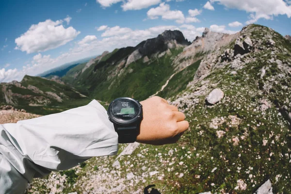 Hiker High Altitude Mountain Top Checking Altimeter Sports Watch — Stock Photo, Image