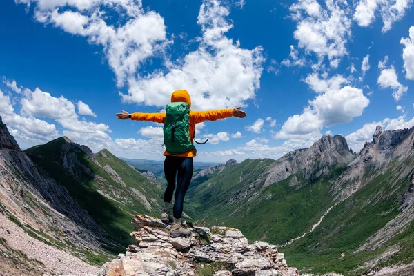 Úspěšná Žena Batohem Turistika Vrcholu Alpské Hory — Stock fotografie