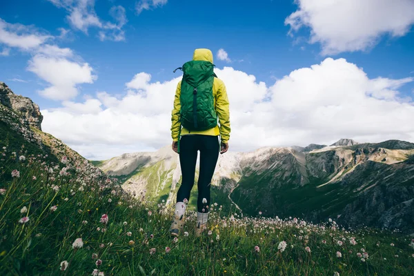 Erfolgreiche Backpackerin Wandert Auf Alpinem Gipfel — Stockfoto