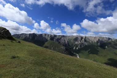 Mavi gökyüzünün altındaki yüksek rakımlı dağ manzarası