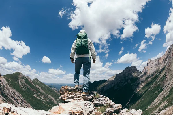 Úspěšná Žena Batohem Turistika Vrcholu Alpské Hory — Stock fotografie