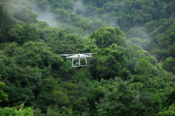 Drone Branco Com Câmera Voando Floresta Verão — Fotografia de Stock