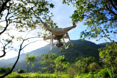 Yaz ormanlarında uçan kameralı beyaz dron