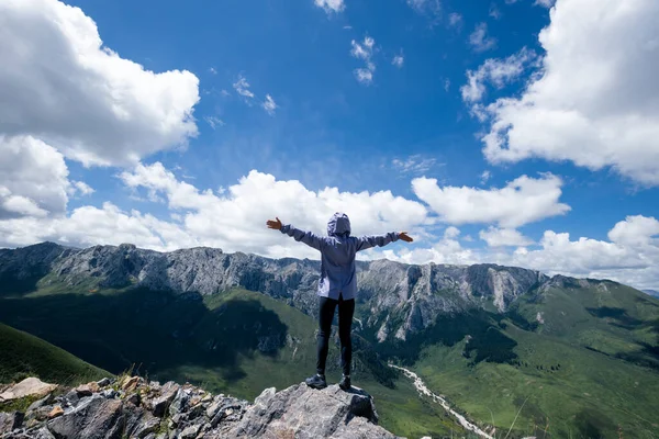 高山の山のピークで成功した女性のハイキング — ストック写真