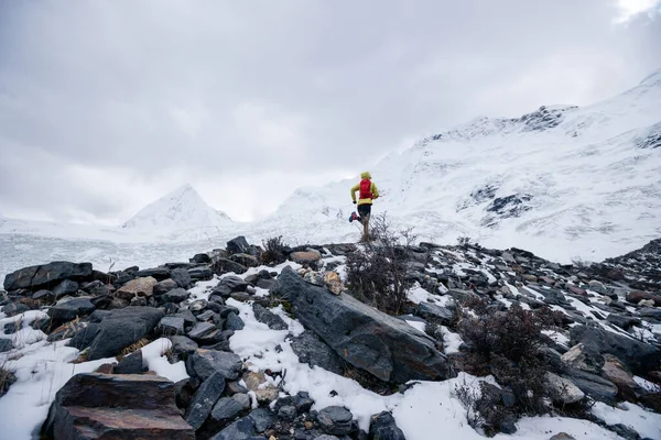 Femme Coureuse Sentier Ski Fond Courant Jusqu Sommet Montagne Neige — Photo