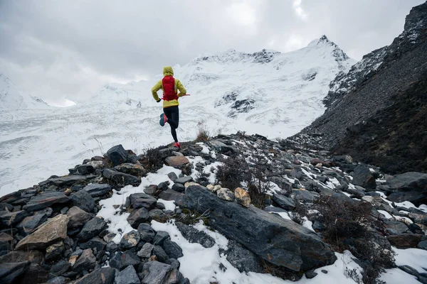 Бегунья Тропе Бежит Стране Поднимаясь Зимнюю Вершину Горы — стоковое фото