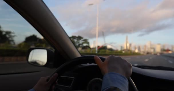 Female Hands Steering Wheel Car Driving Concept — Stock Video