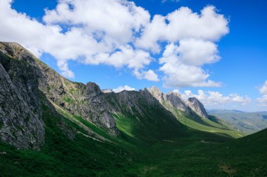Mavi gökyüzünün altındaki yüksek rakımlı dağ manzarası