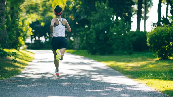 Mujer Fitness Corriendo Sendero Soleado Parque Tropical —  Fotos de Stock