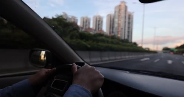 Hands Steering Wheel Driving Car City Street — Stock Video
