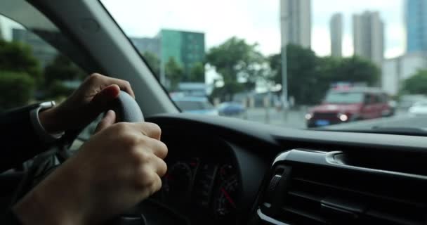 Hands Steering Wheel Driving Car City Street — Stock Video