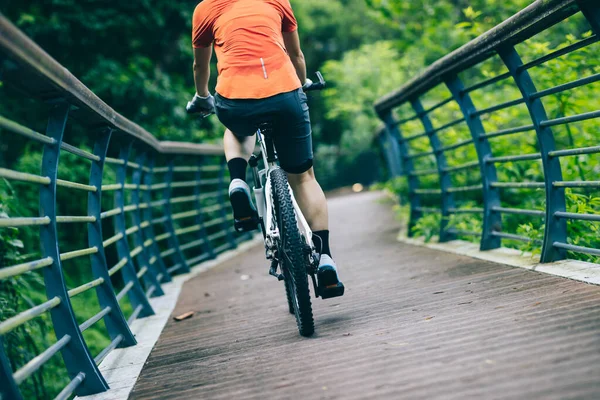 Frau Fährt Fahrrad Wald — Stockfoto