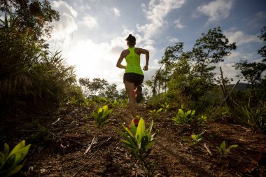 Ormanın tepesine doğru koşan bir kadın koşucu.