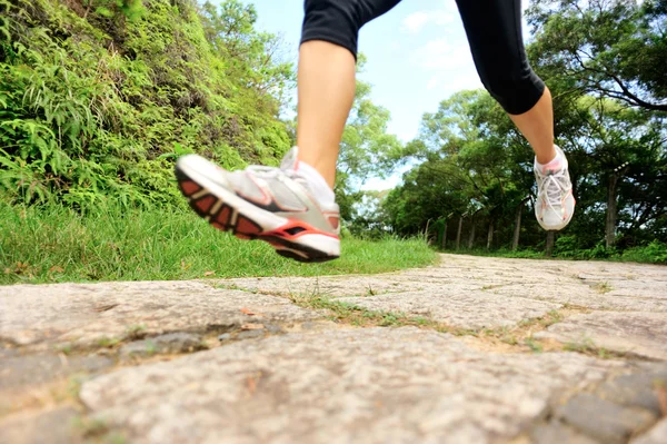 Giovane fitness donna gambe in esecuzione a sentiero nel bosco — Foto Stock