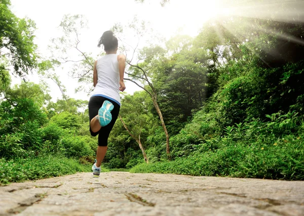 Giovane donna fitness che corre al sentiero della foresta — Foto Stock