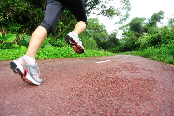 Joven fitness piernas de mujer corriendo en el camino del bosque — Foto de Stock