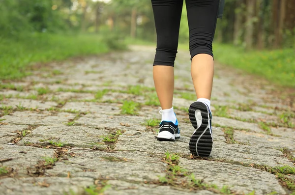 Hiking woman legs walking on forest trail — Stock Photo, Image