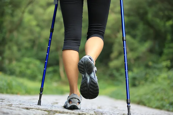 Kvinnan promenader på skog spår — Stockfoto