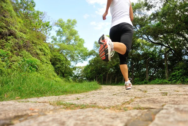 Piernas de mujer corriendo por sendero forestal — Foto de Stock