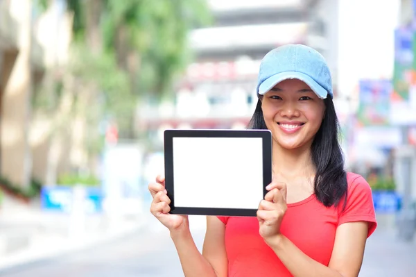 Young asian woman hold blank digital tablet — Stock Photo, Image