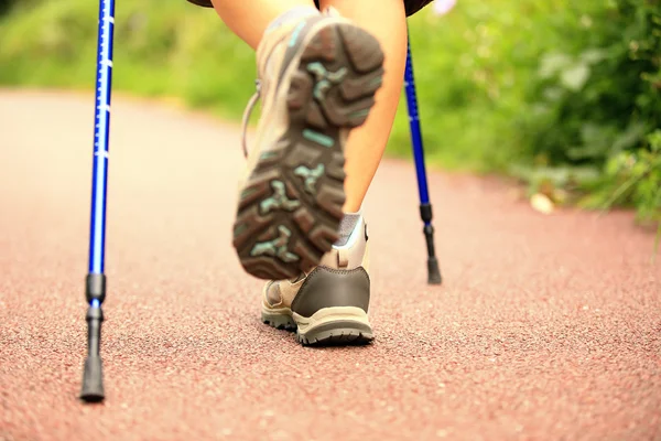 Kvinnan vandrare vandring på skog spår — Stockfoto