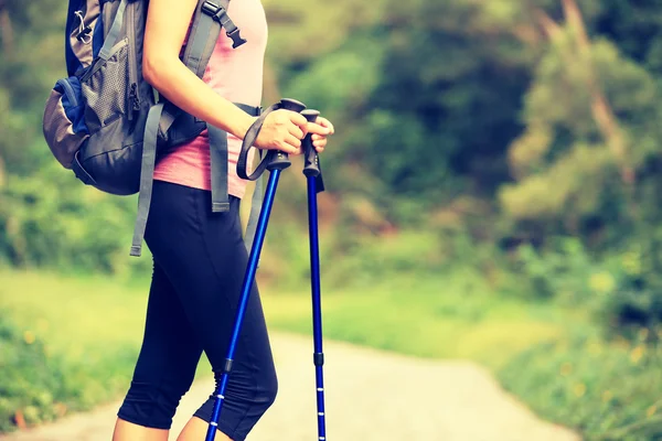 Woman hiker hiking on forest trail — Stock Photo, Image