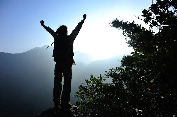 Wanderer mit offenen Armen auf Berggipfel — Stockfoto