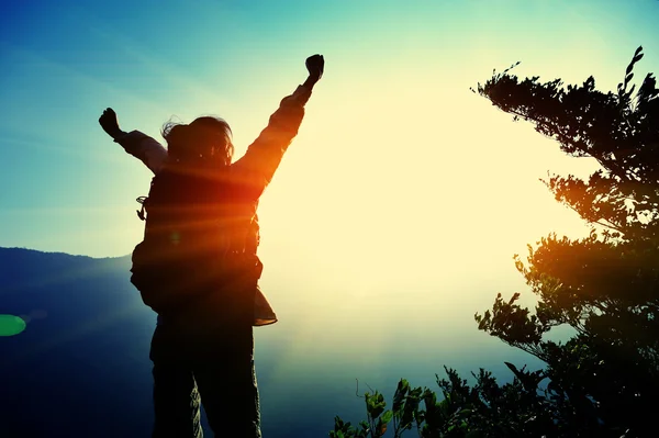 Hiker open arms at mountain peak — Stock Photo, Image