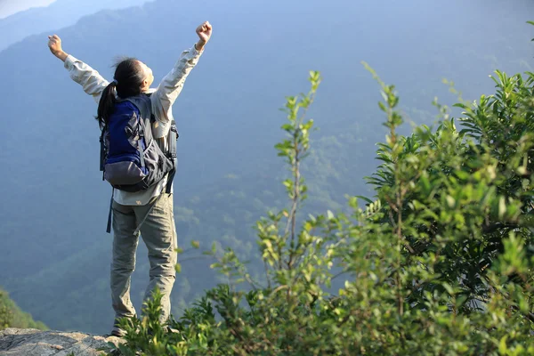 徒步旅行者张开双臂在山的顶峰 — 图库照片