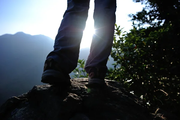 Mulher caminhante stand na montanha pico de rock — Fotografia de Stock