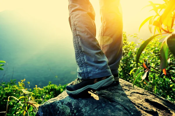 Wanderin steht auf Berggipfel-Felsen — Stockfoto