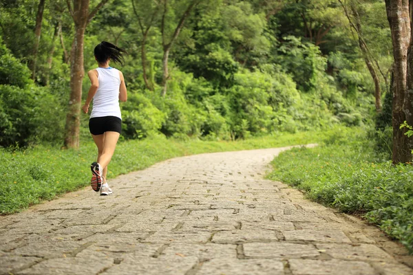 Junge Fitness-Asiatin läuft auf Waldweg — Stockfoto