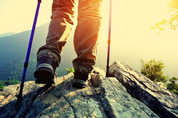 Donna escursionista in piedi sulla roccia cima della montagna godere della vista — Foto Stock