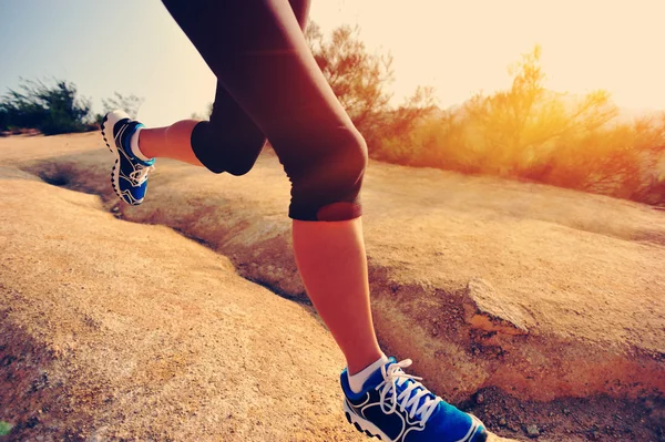 Ung kvinna löpare ben kör på skogsstig — Stockfoto