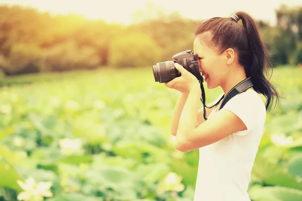 Młoda kobieta fotograf biorąc zdjęcie kwitnący Lotos w parku — Zdjęcie stockowe