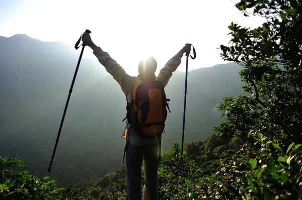 Povzbuzující žena hiker otevřené paže na vrcholu hory — Stock fotografie