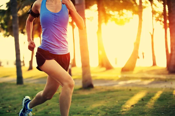 Atleta corredor corriendo en el parque tropical. concepto de wellness de entrenamiento fitness amanecer para correr de mujer러너 선수 열 대 공원에서 실행입니다. 여성 피트 니스 일출 조깅 운동 웰빙 개념. — 스톡 사진