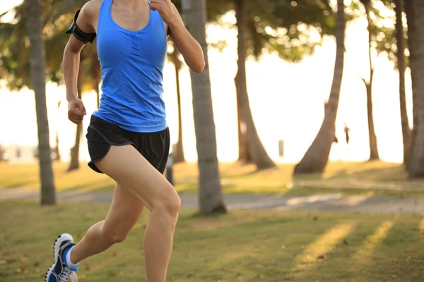 Löpare idrottsman kör på tropisk park. kvinna fitness sunrise jogging träning wellness koncept. — Stockfoto