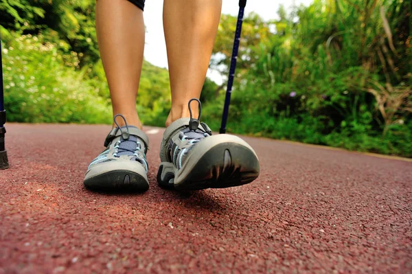 Frau wandert auf Wanderweg — Stockfoto