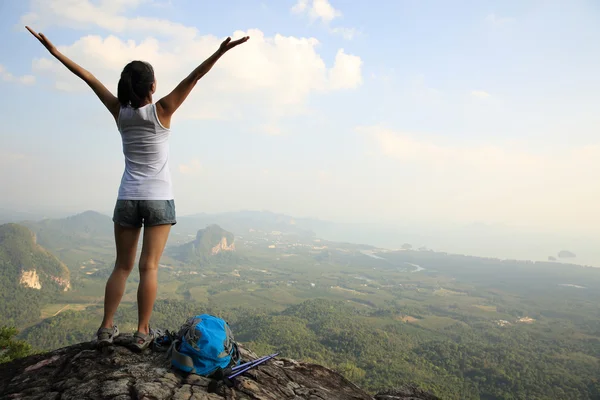 Cheering woman at mountain top — Stock Photo, Image
