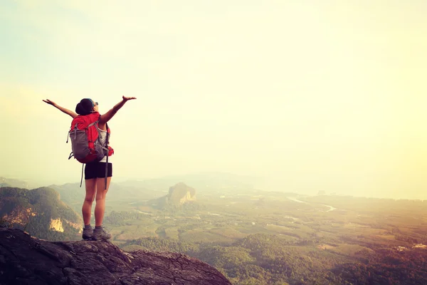 Jásající žena na vrcholu hory — Stock fotografie