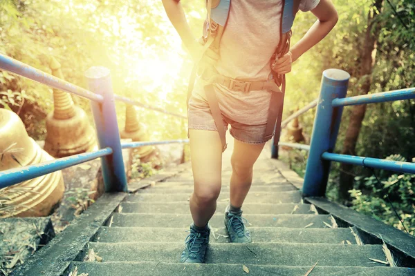 Hiking woman climbing stairs — Stock Photo, Image